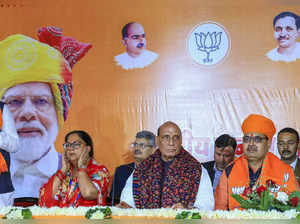 Jaipur: Defence Minister and BJP central observer for Rajasthan Rajnath Singh, f...