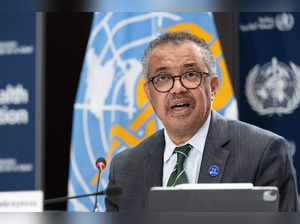 This handout photograph taken and released on December 15, 2023 by the World Health Organization (WHO), shows Director General of the World Health Organization, Tedros Adhanom Ghebreyesus delivering remarks during a press conference with press correspondents to the United Nations (ACANU) at WHO headquarters in Geneva.