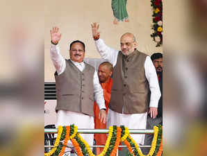 Raipur: Union Home Minister Amit Shah with BJP National President JP Nadda durin...