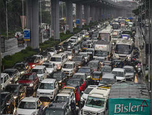 Mumbai: Long queue of vehicles stuck in a traffic jam on Western Express Highway...