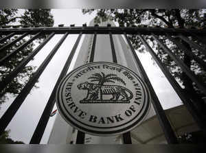 The Reserve Bank of India seal is pictured on a gate in Mumbai