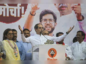 Mumbai: Shiv Sena (UBT) Chief Uddhav Thackeray addresses a gathering during a pr...