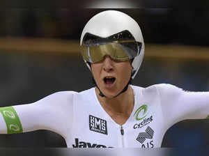 This photo taken on February 19, 2015 shows Australia's Melissa Hoskins celebrating after winning with teammates the UCI Track Cycling World Championships in Saint-Quentin-en-Yvelines, near Paris.