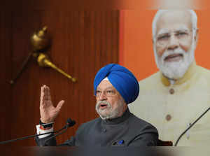 New Delhi: Union Minister Hardeep Singh Puri addresses the media at his residenc...