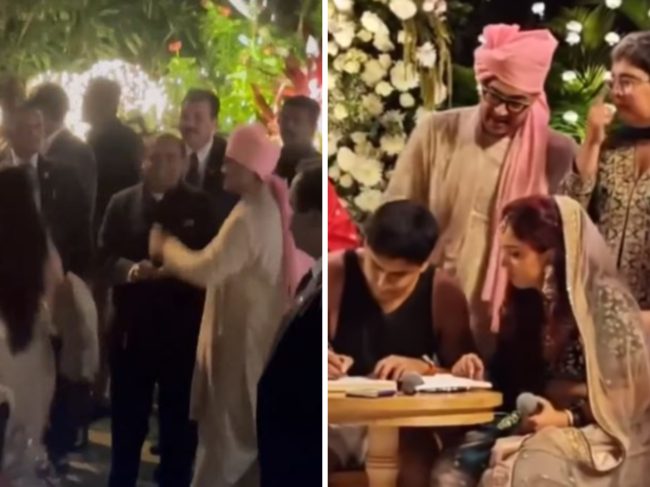 ​Amir Khan welcoming Mukesh Ambani at daughter Ira Khan's wedding​.