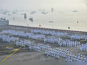 Mumbai: Indian Navy personnel during a ceremonial parade before Vice Admiral San...