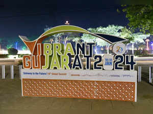 Gandhinagar: A model of the Vibrant Gujarat Global Summit 2024 placed at a roads...