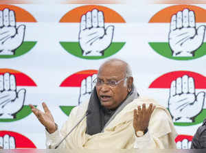 New Delhi: Congress President Mallikarjun Kharge addresses the media during the ...