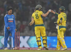 Navi Mumbai: Australia's batters Ellyse Perry and Phoebe Litchfield celebrate af...
