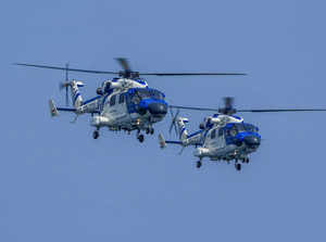 Chennai: Indian Coast Guard (ICG) helicopters during a joint exercise between IC...