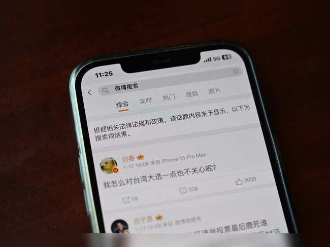 A mobile phone screen shows a blocked Weibo page about Taiwan’s election, on Pingtan Island, the closest point in China to Taiwan’s main island, in China's southeast Fujian province, on January 13, 2024, which marks Taiwan’s presidential election.
