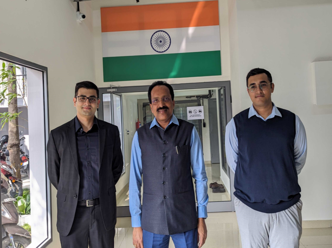 Pixxel founders Awais Ahmed and Kshitij Khandelwal with Isro chief S Somanath