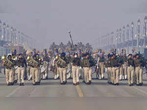 New Delhi: Armed Forces personnel during rehearsal for the Republic Day Parade 2...