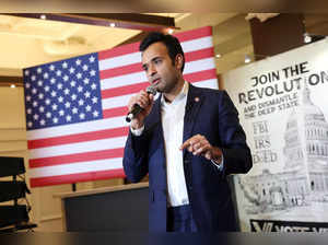 Republican presidential candidate Vivek Ramaswamy speaks at his caucus night event at the Surety Hotel on January 15, 2024 in Des Moines, Iowa.