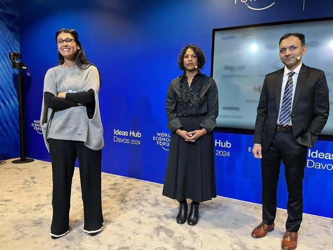 Roshni Nadar Malhotra, Chairperson, HCLTech along with the two Aquapreneurs at World Economic Forum 2024.