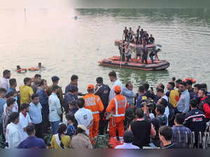 Members of Vadodara Fire and Emergency Services conduct search and rescue after a boat capsized at Harni Lake in Vadodara on January 18, 2024.