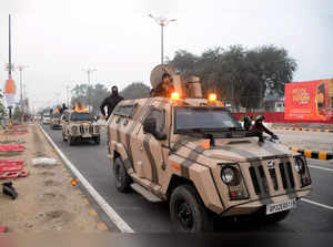 Ayodhya: Security personnel in armoured vehicle keep vigil ahead of the consecra...