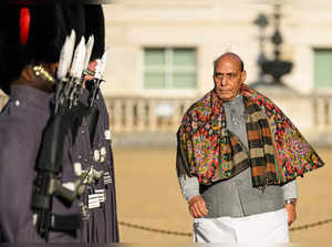 India's Defence Minister Rajnath Singh inspects a  ceremonial Guard of Honour at Horse Guards Parade in central London on January 9, 2024.