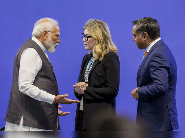 Prime Minister Narendra Modi with Boeing COO Stephanie Pope and Boein...