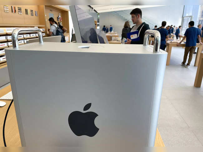 The Apple logo is displayed on the side of an Apple Mac Pro tower at an Apple Store on August 04, 2023 in San Francisco, California.