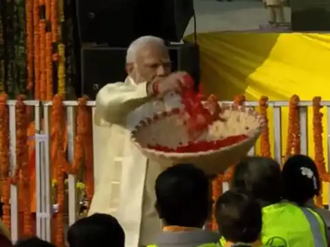 Showered flower petals on temple builders