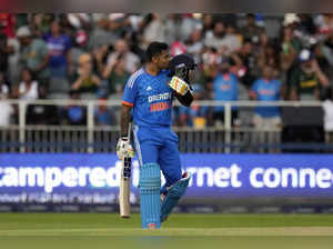 India's captain Suryakumar Yadav celebrates his century during the final T20 cri...