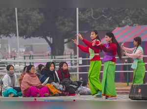 New Delhi: Manipur tableau artists during rehearsal for the Republic Day Parade ...