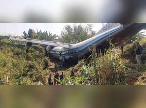 Aizawl: A damaged Myanmar military plane after it crashed at the Lengpui airport...