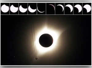 FILE PHOTO: A combination of ten pictures shows the progression of a partial solar eclipse near as a jet plane flies by the total solar eclipse in Guernsey