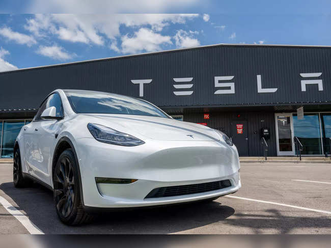A Tesla Model Y is seen on a Tesla car lot on May 31, 2023 in Austin, Texas.