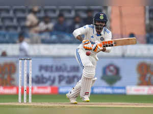India's Ravindra Jadeja plays a shot during the third day of the first Test cricket match between India and England at the Rajiv Gandhi International Stadium in Hyderabad on January 27, 2024.