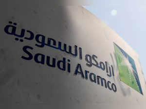 FILE PHOTO: Saudi Aramco logo is pictured at the oil facility in Khurais