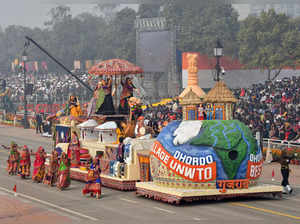New Delhi, Jan 26 (ANI): The tableau of Gujarat depicting the theme of 'Dhordo: ...