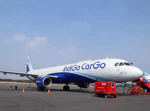 An IndiGo cargo aircraft is displayed at Wings India 2024 aviation event at Begumpet airport, Hyderabad