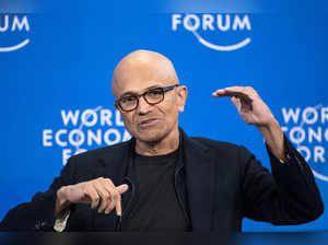 Microsoft CEO Satya Nadella gestures during a session at the World Economic Forum (WEF) annual meeting in Davos, on January 16, 2024.