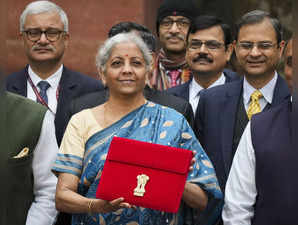 New Delhi: Union Finance Minister Nirmala Sitharaman, holding a folder-case cont...