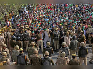 New Delhi, Feb 8 (ANI): Police personnel stop farmers at Delhi-Noida, Chilla bor...
