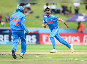 Benoni, Feb 11 (ANI): India's U19 players celebrate a wicket during the final ma...