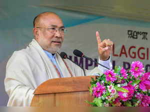 Imphal: Manipur Chief Minister N Biren Singh addresses during the foundation sto...