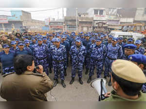 New Delhi: Security personnel prepare for farmers' 'Delhi Chalo' march, at Tikri...