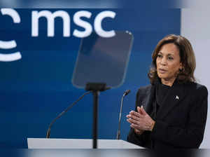 United States Vice-President Kamala Harris addresses the audience during the Mun...