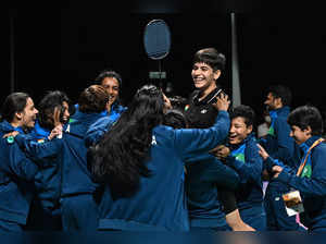 India's Anmol Kharb (C) celebrates after winning against Thailand's Pornpicha Choeikeewong in their women's singles final match at the 2024 Badminton Asia Team Championships in Shah Alam, Selangor, on February, 18, 2024.