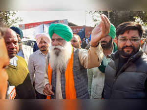 Patiala: Farmer leader Jagjit Singh Dallewa addresses fellow farmers during the ...