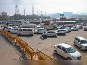 Gurugram: Vehicles stuck in a traffic jam on Delhi-Gurugram Expressway due to tr...