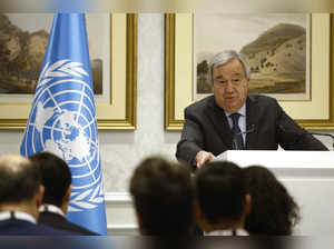 UN Secretary-General Antonio Guterres speaks during a press conference on the meeting with Special Envoys on Afghanistan in the Qatari capital Doha, on February 19, 2024.