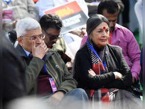 New Delhi, Feb 08 (ANI): CPI-M leaders Brinda Karat and Prakash Karat at the Jan...