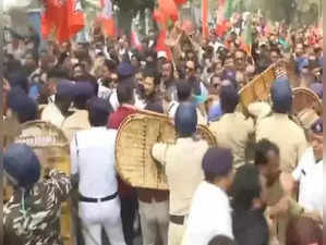 West Bengal_ Scuffle between police, BJP workers during protest over Sandeshkhali incident.