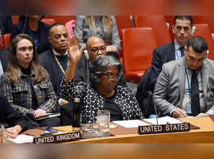 US Ambassador to the UN Linda Thomas-Greenfield casts a veto vote during a UN Security Council meeting on the Israel-Hamas war, at UN Headquarters in New York City on February 20, 2024.
