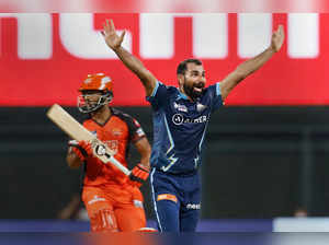 Mumbai: Mohammed Shami of Gujarat Titans appeals for the wicket of Kane Williams...