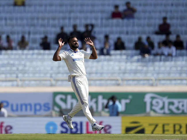 Ranchi: India's Akash Deep reacts on the first day of the fourth Test cricket ma...